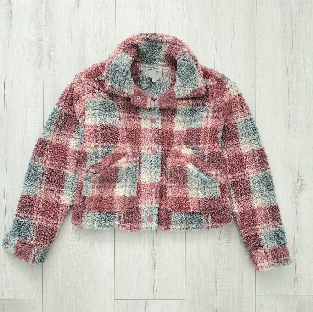 Girls Winter Holiday Jacket Front Pockets Plaid Faux Fur Pink Green Size M NWOT